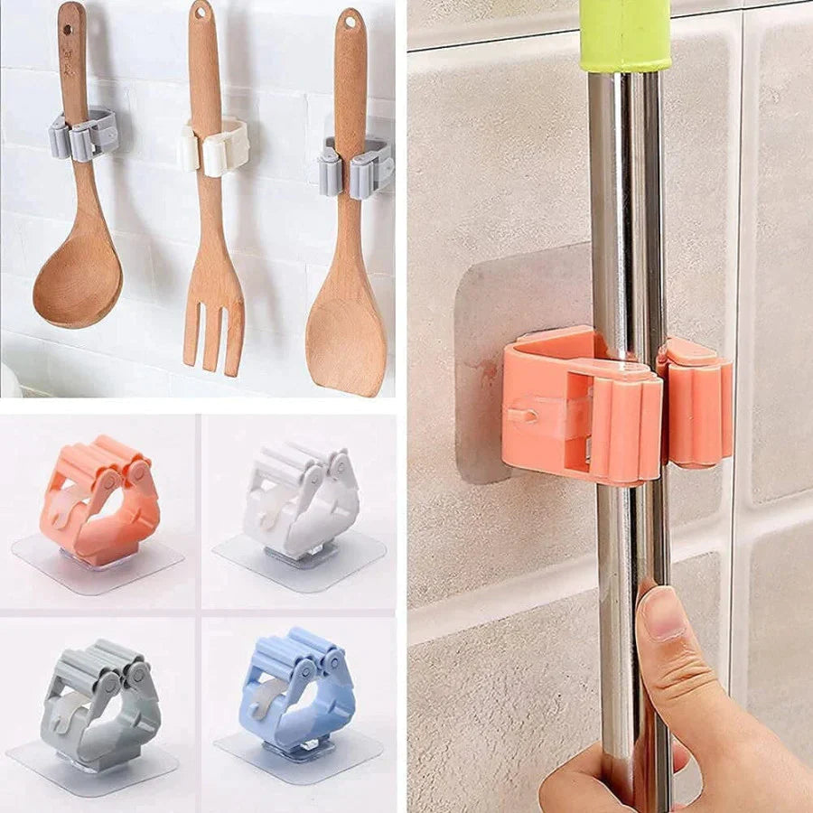 1 Pc Mop and Broom Self Adhesive Holder Wall Mount Magic Hanger Organizer Cleaning Tools Storage Mop Rack (Random Color) - AVORA