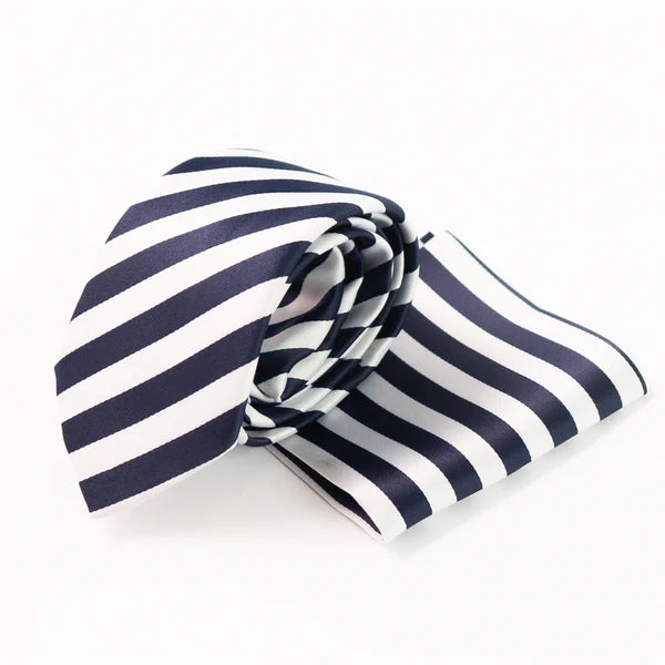 Blue & White Striped Tie with Pocket Square