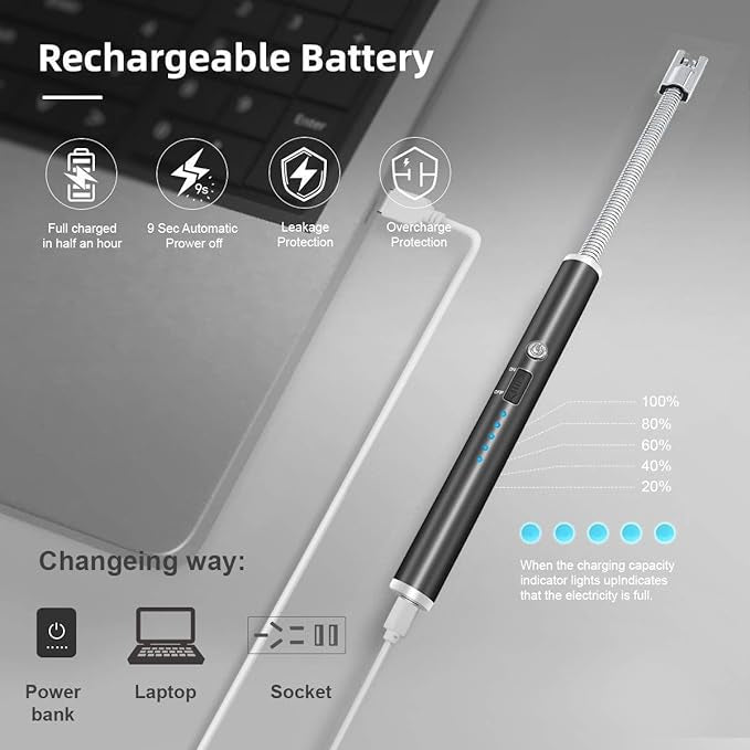 USB Rechargeable Flameless Arc Lighter Flexible & Windproof for Candles, Hiking, Camping, Kitchen, Fireplaces - AVORA