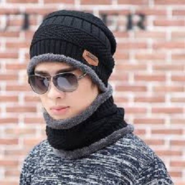 Winter Cap and neck Elastic Knitting Thick Fleece Warm Woolen Beanie Cap Sport Hat and Neck Scarf Set 2 Piece (Random colors) - AVORA