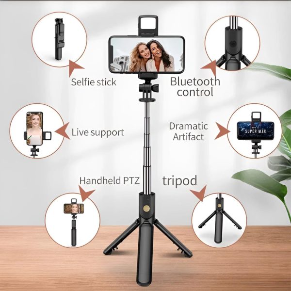 R1s Selfie Stick With Tripod | Bluetooth Foldable Selfie Rod With Remote Control For Phone Action Camera Iphone with Flash Light
