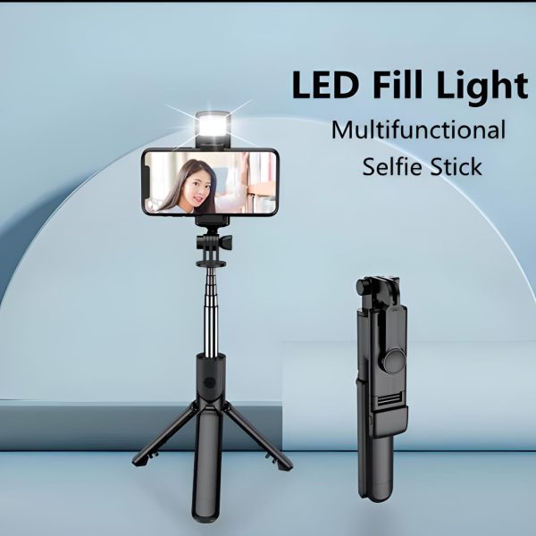 R1s Selfie Stick With Tripod | Bluetooth Foldable Selfie Rod With Remote Control For Phone Action Camera Iphone with Flash Light