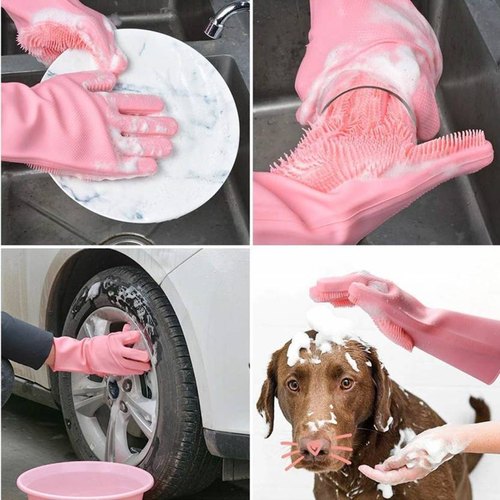 Silicone Washing Full Finger Gloves - For Home (Random Colors) - AVORA