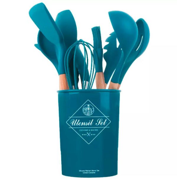 12 Pcs Set Wooden Handle Silicone Kitchen Utensils With Storage Bucket High Temperature Resistant And Non Stick Pot Spatula Spoon( Random Color ) - AVORA