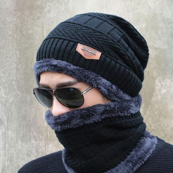 Winter Cap and neck Elastic Knitting Thick Fleece Warm Woolen Beanie Cap Sport Hat and Neck Scarf Set 2 Piece (Random colors)