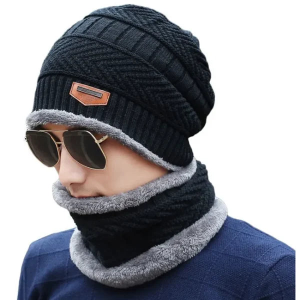 Winter Cap and neck Elastic Knitting Thick Fleece Warm Woolen Beanie Cap Sport Hat and Neck Scarf Set 2 Piece (Random colors)