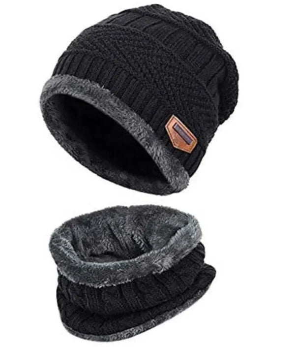 Winter Cap and neck Elastic Knitting Thick Fleece Warm Woolen Beanie Cap Sport Hat and Neck Scarf Set 2 Piece (Random colors)