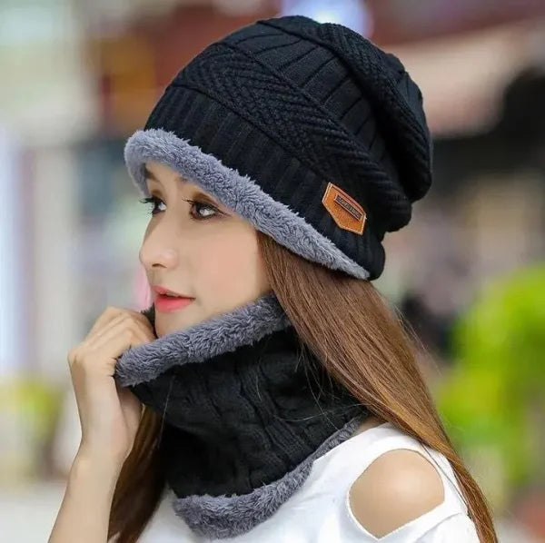 Winter Cap and neck Elastic Knitting Thick Fleece Warm Woolen Beanie Cap Sport Hat and Neck Scarf Set 2 Piece (Random colors)