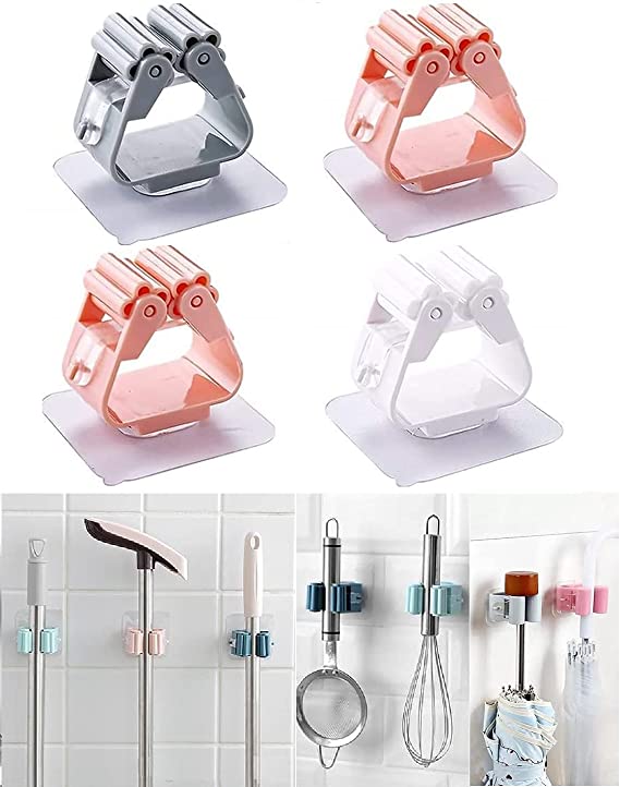 1 Pc Mop and Broom Self Adhesive Holder Wall Mount Magic Hanger Organizer Cleaning Tools Storage Mop Rack (Random Color) - AVORA