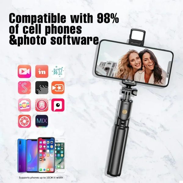 R1s Selfie Stick With Tripod | Bluetooth Foldable Selfie Rod With Remote Control For Phone Action Camera Iphone ﻿with Flash Light